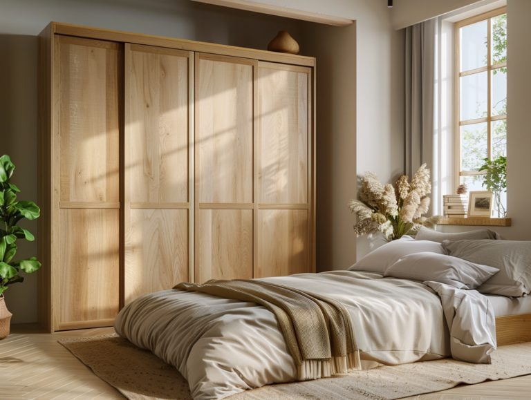 Drewniane łóżko z beżową pościelą i przesuwanymi drzwiami szafy