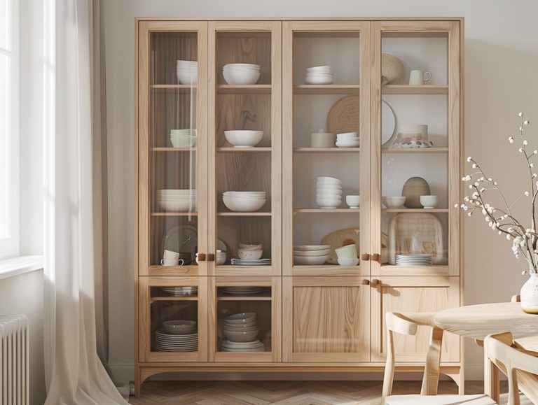 Drewniana witryna z przeszklonymi drzwiami w stylu skandynawskim