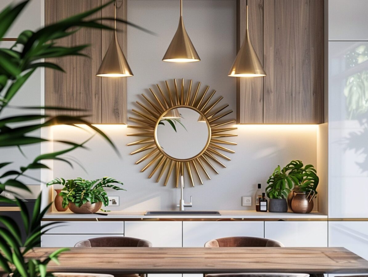 Lustro w złotej ramie i drewniany blat łazienkowy z dwiema umywalkami