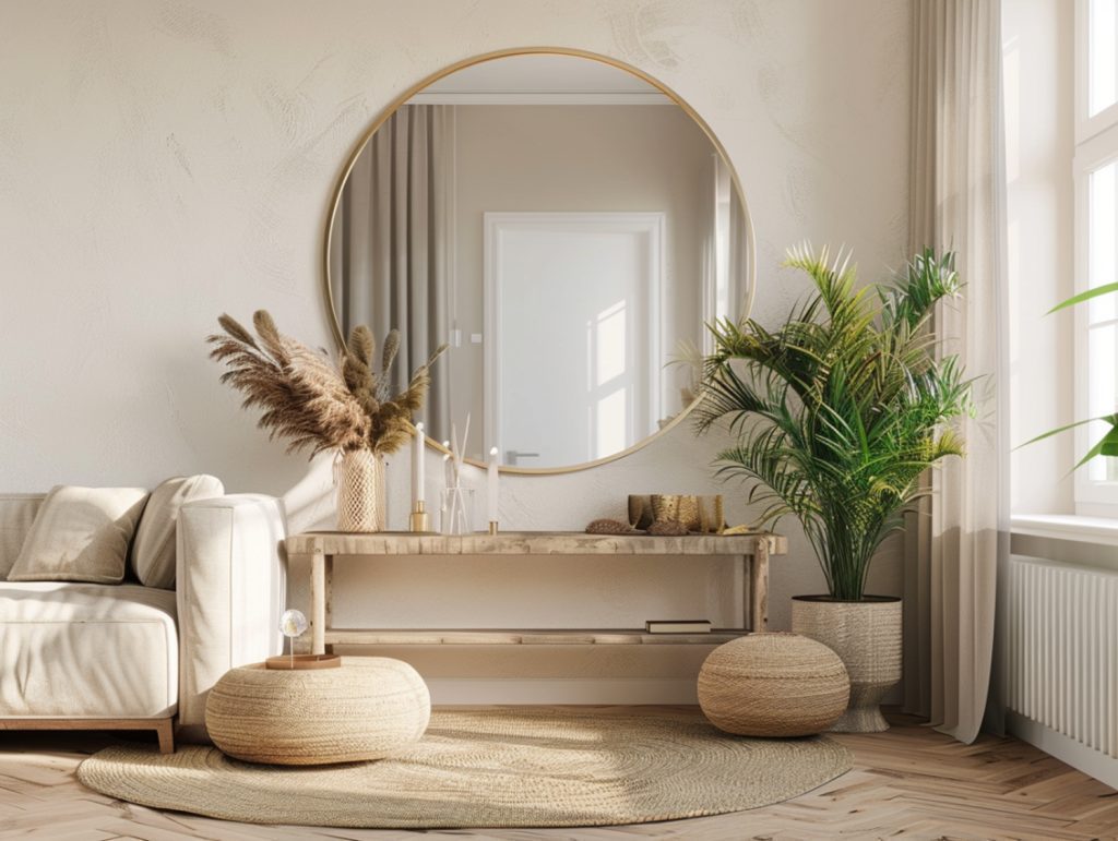 Lustro w okrągłej ramie i pufy w minimalistycznym przedpokoju