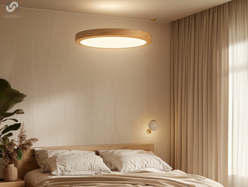 Tapicerowane łóżko w jasnej sypialni z lampą sufitową