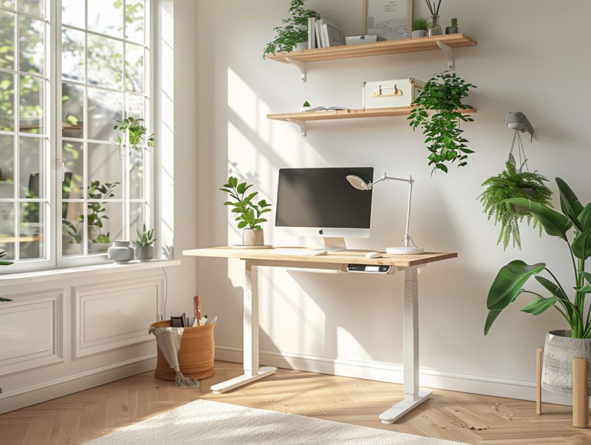 Biurko ścienne z półkami i roślinami w skandynawskim stylu
