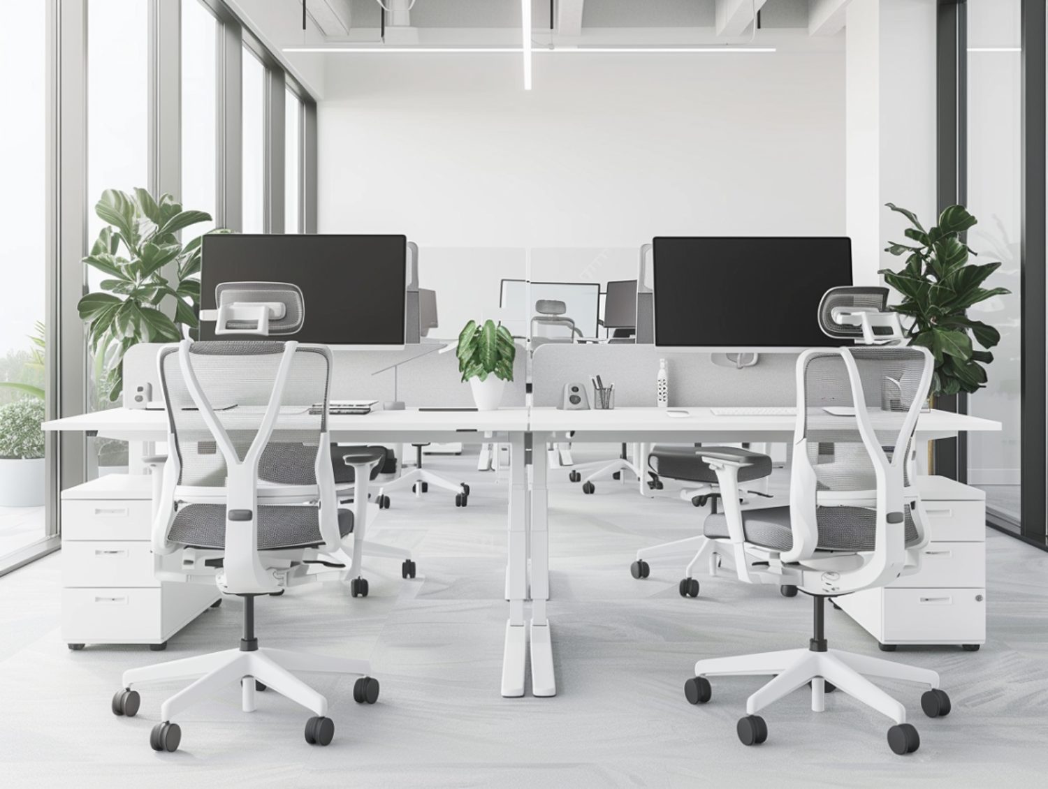 Nowoczesne biuro z białymi krzesłami obrotowymi i stołami