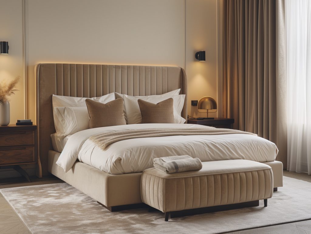 Łóżko tapicerowane z niskim zagłówkiem w beżowej sypialni