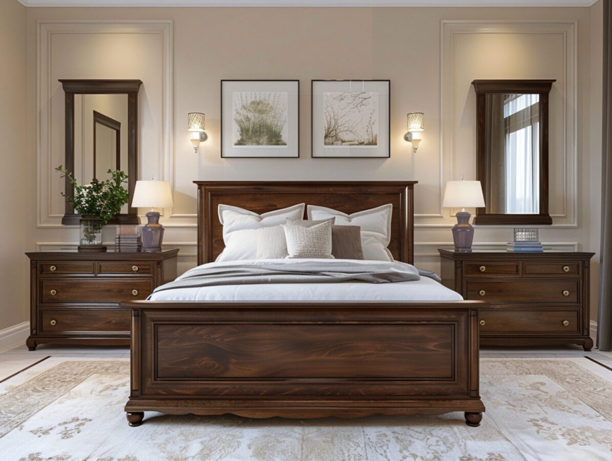 Klasyczne łóżko z litego drewna w sypialni z nocnymi szafkami