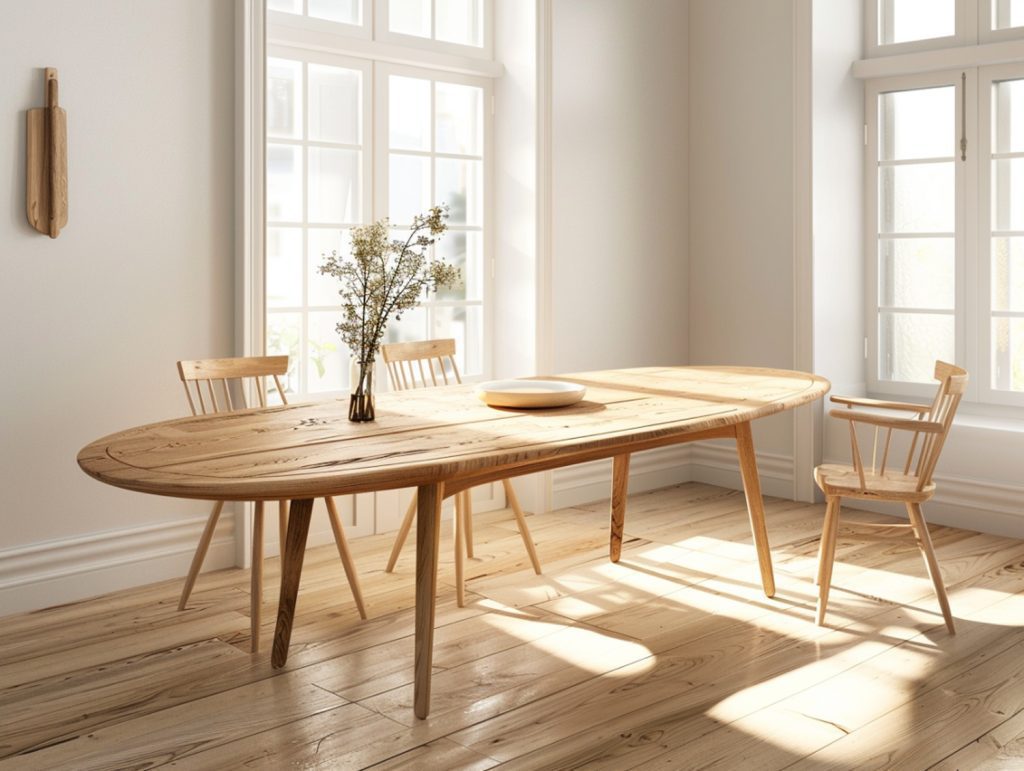Podłużny stół drewniany z krzesłami w aranżacji jadalni