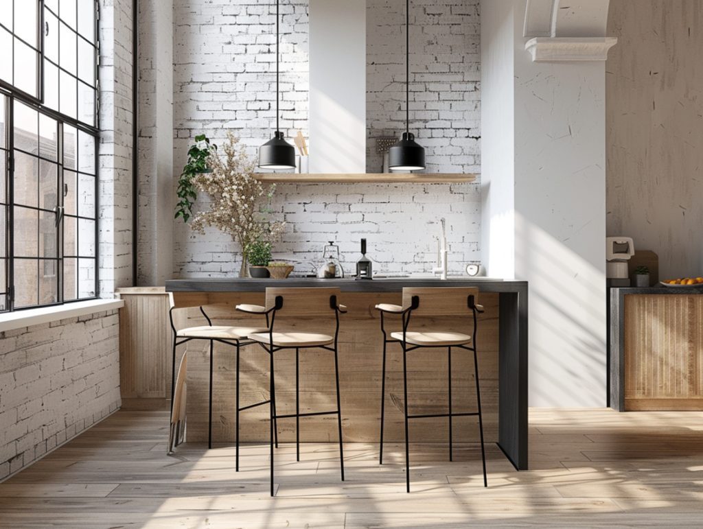 Drewniany bar z hokerami i białą cegłą w kuchni loftowej