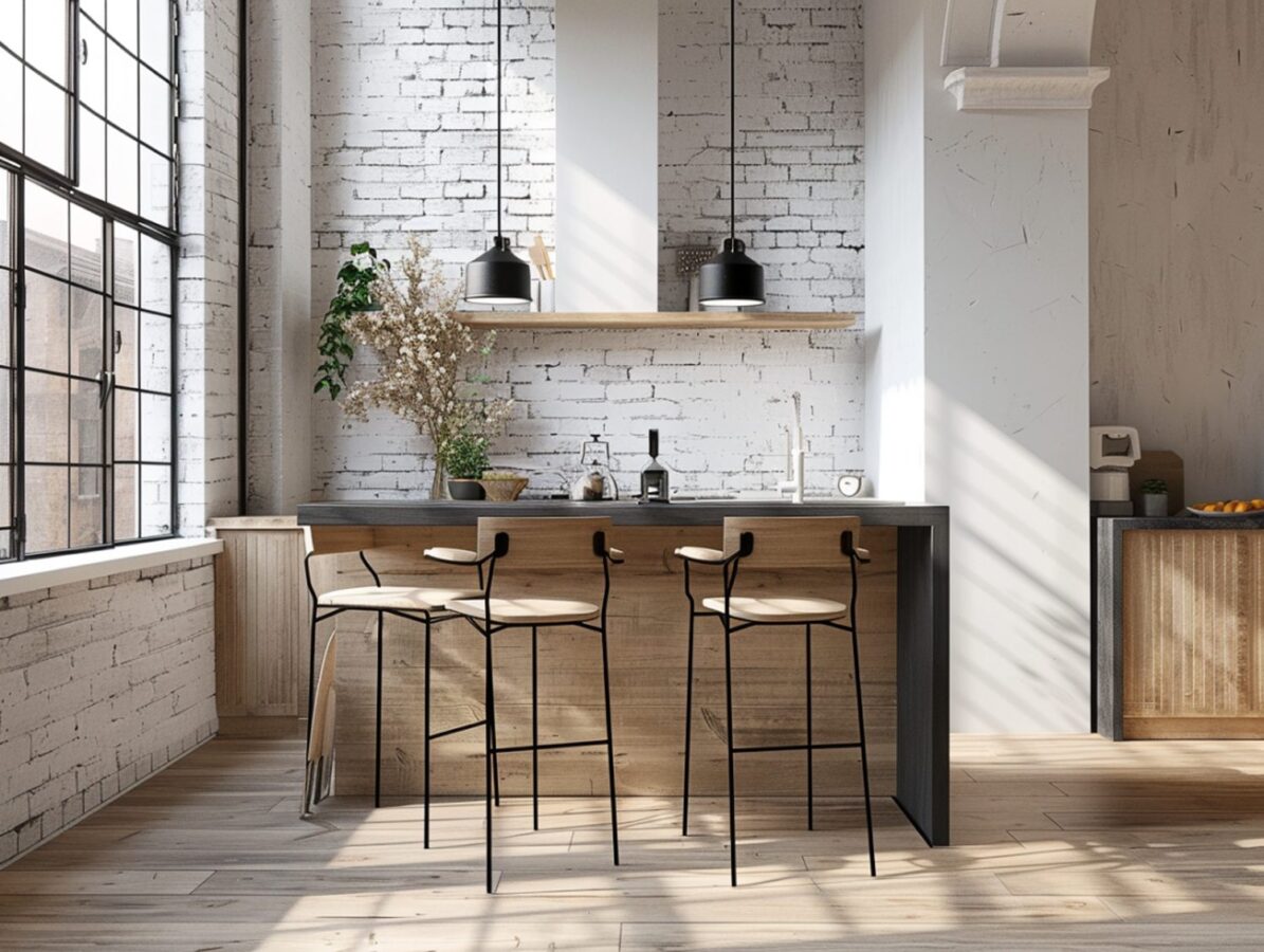 Drewniany bar z hokerami i białą cegłą w kuchni loftowej