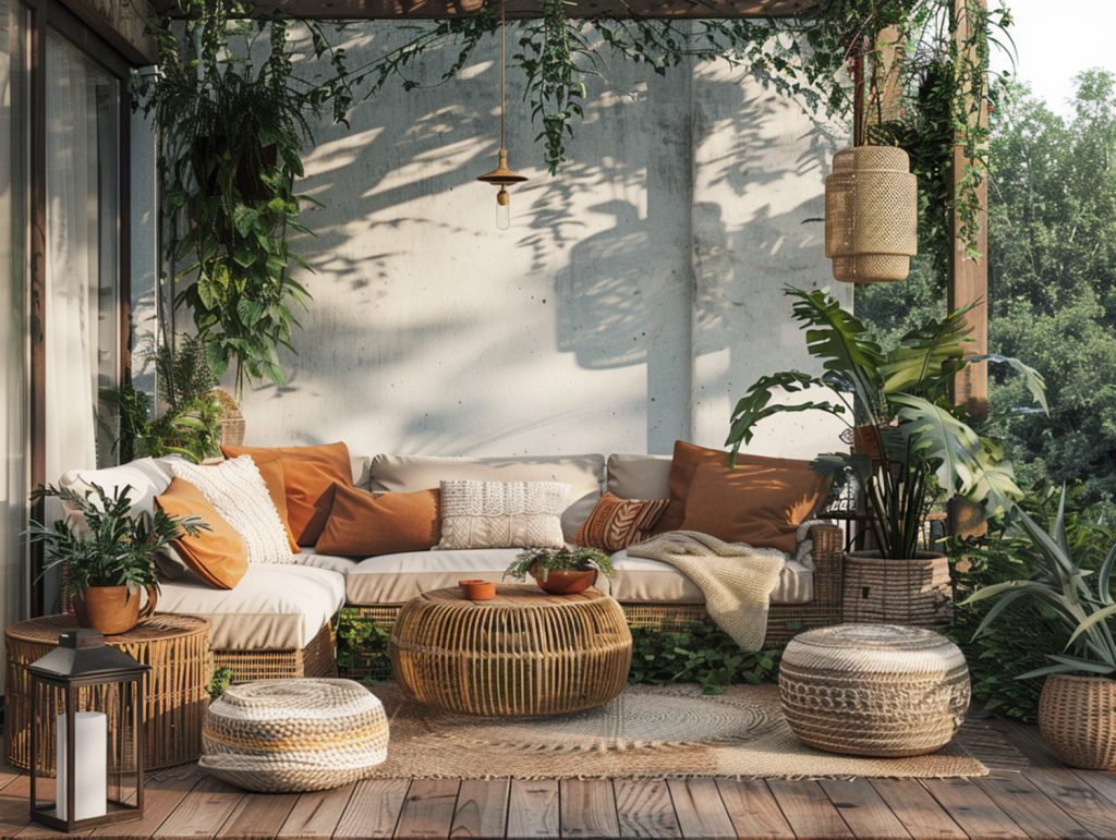 Rattanowe meble ogrodowe z poduszkami w stylu boho pod drzewem