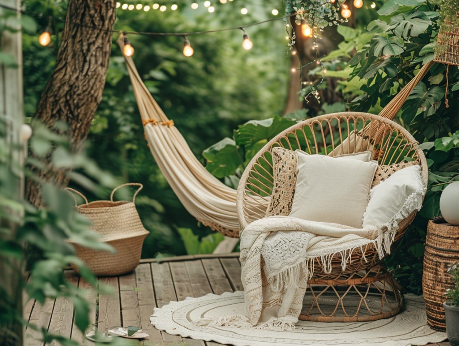 Hamak ogrodowy z poduszkami i plecionym fotelem w stylu boho