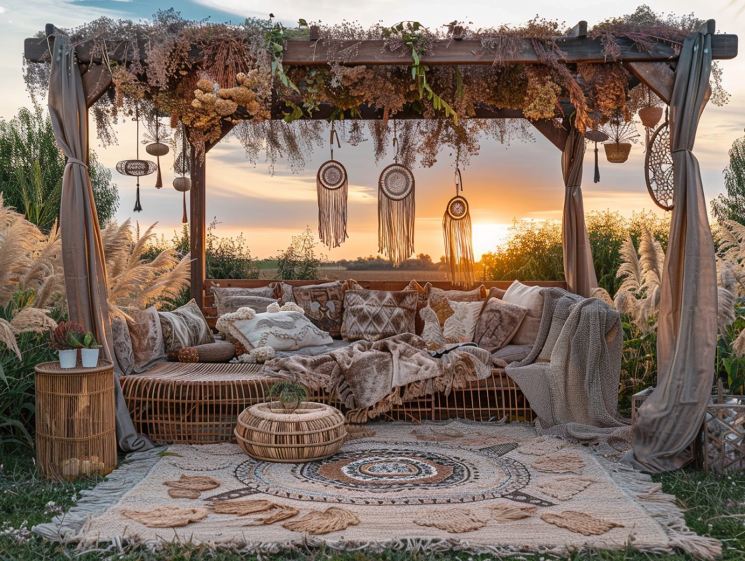 Taras w stylu boho z baldachimem i drewnianym stołem piknikowym
