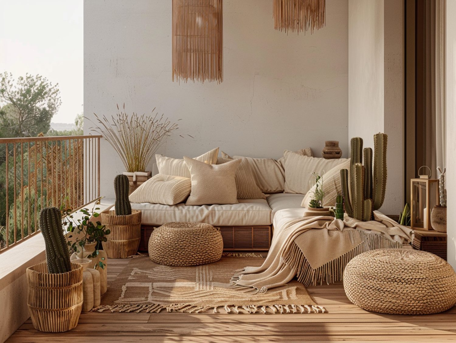 Niskie sofy z naturalnego rattanu w salonie w stylu boho