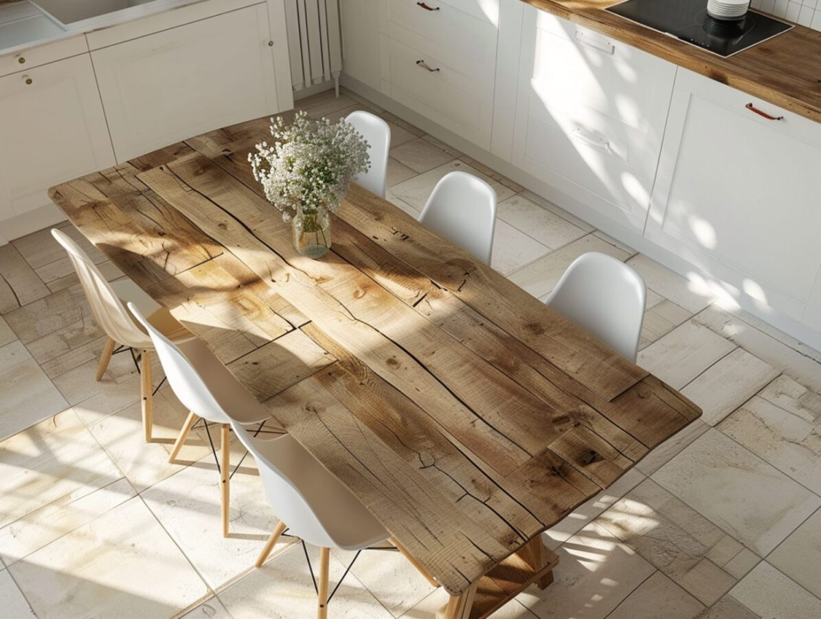 Drewniany stół z wyrazistym usłojeniem i białymi krzesłami