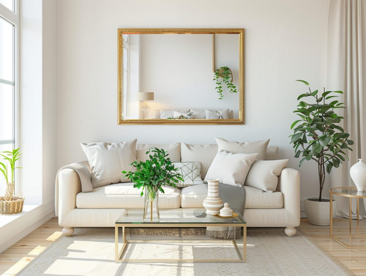 Sofa z jasnym obiciem i stolikiem w nowoczesnym salonie