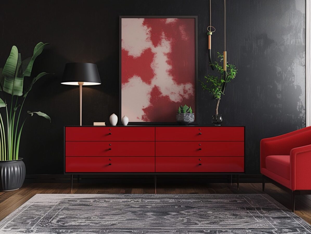 Czerwona nowoczesna komoda z sześcioma szufladami i metalowymi nóżkami