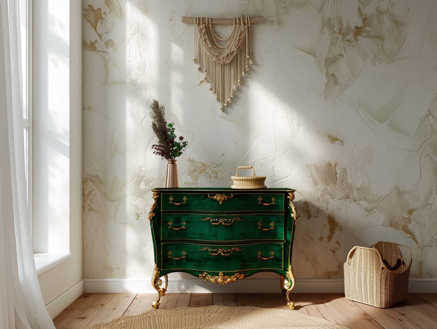 Zielona stylizowana komoda w klasycznym wnętrzu glamour