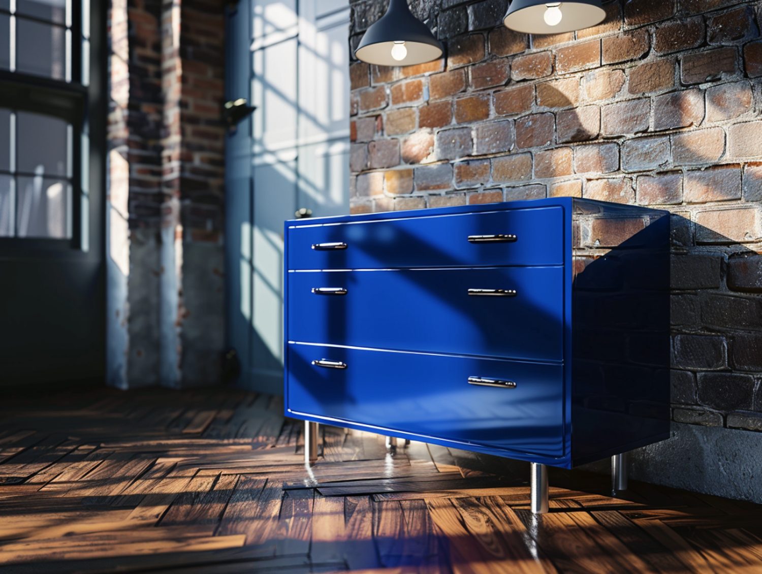Granatowa komoda z lakierowanym frontem i złotymi nóżkami w lofcie