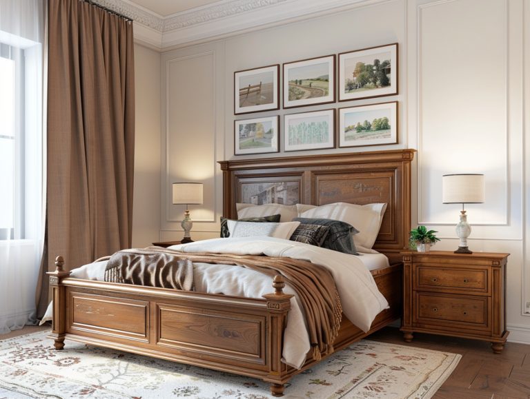 Klasyczne drewniane łóżko z wysokim zagłówkiem i brązową narzutą