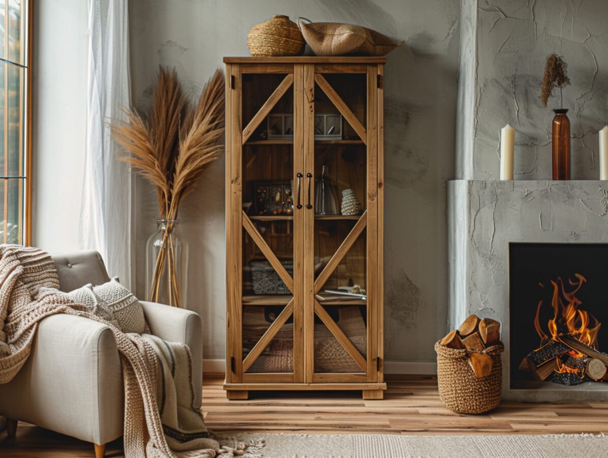 Wysoka witryna z litego drewna i przeszklonymi drzwiami w stylu rustykalnym