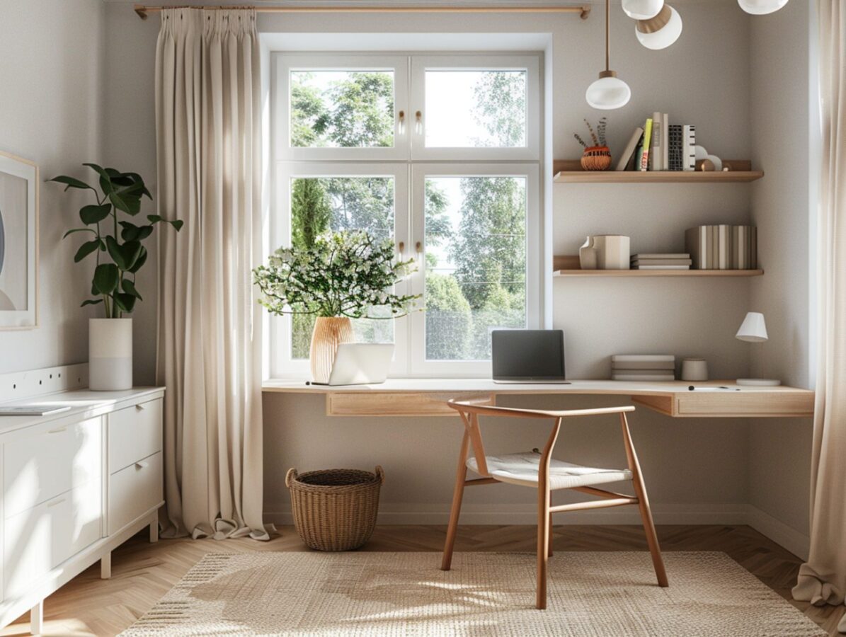 Jasne biurko i półki w stylu skandynawskim pod oknem