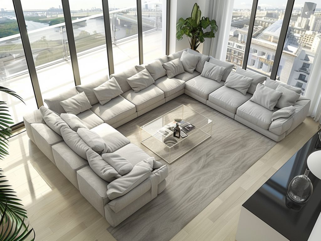 Duży jasny narożnik modułowy w nowoczesnym salonie