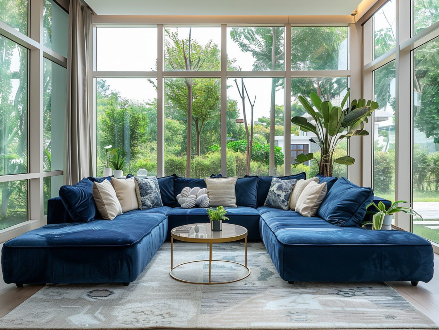 Niebieski narożnik welurowy z okrągłym stolikiem w eleganckim salonie