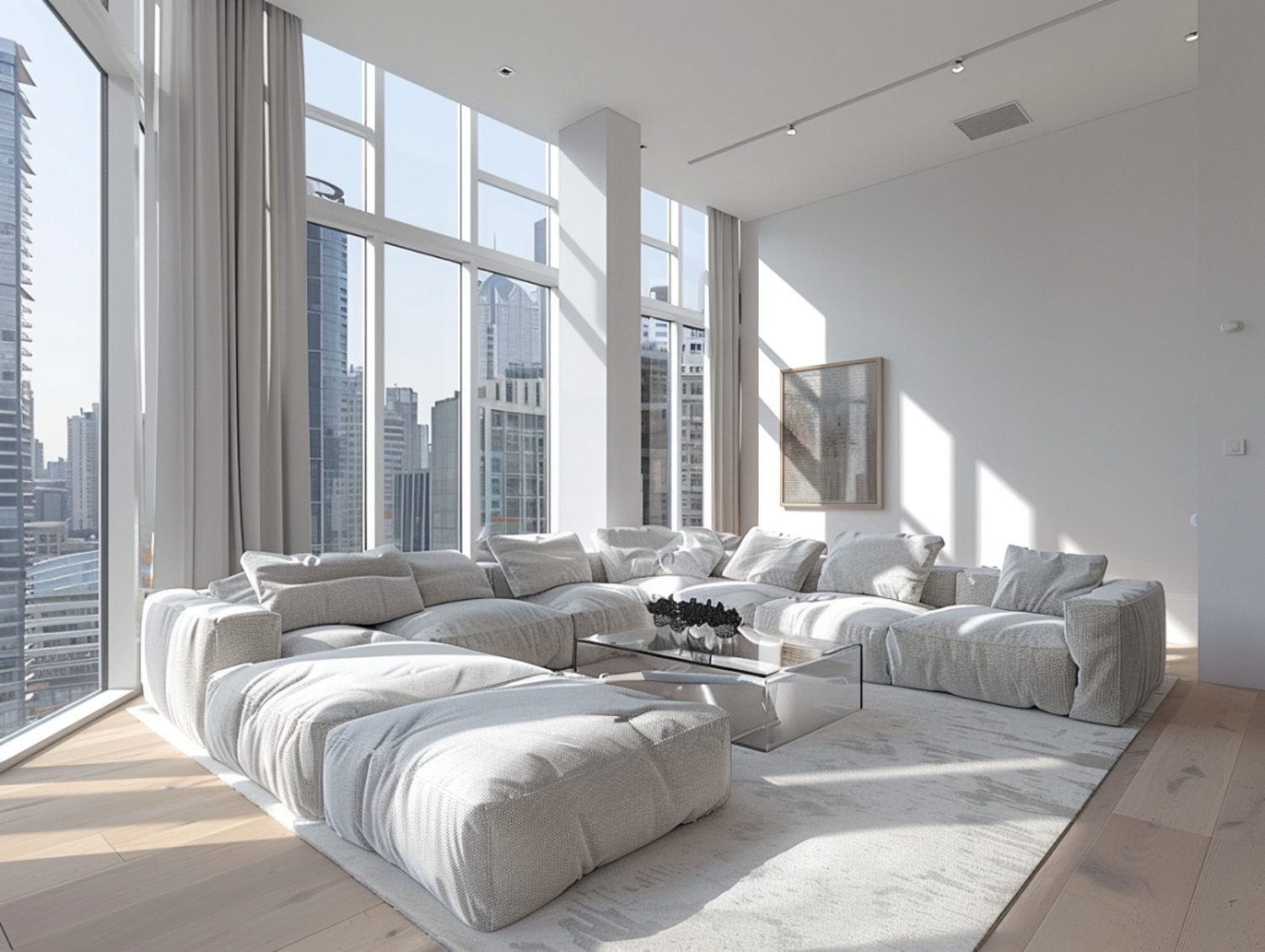 Białe nowoczesne narożniki w jasnym salonie z dużymi oknami