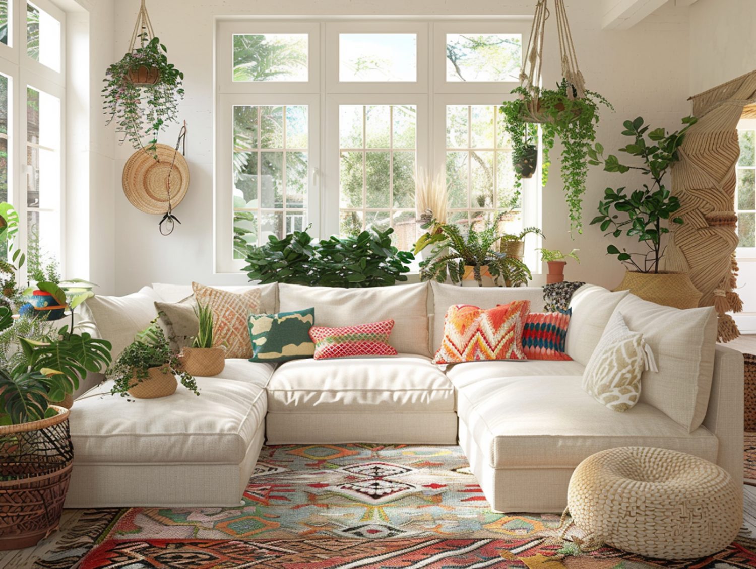 Sofa i rośliny w oranżerii w stylu naturalnym i przytulnym