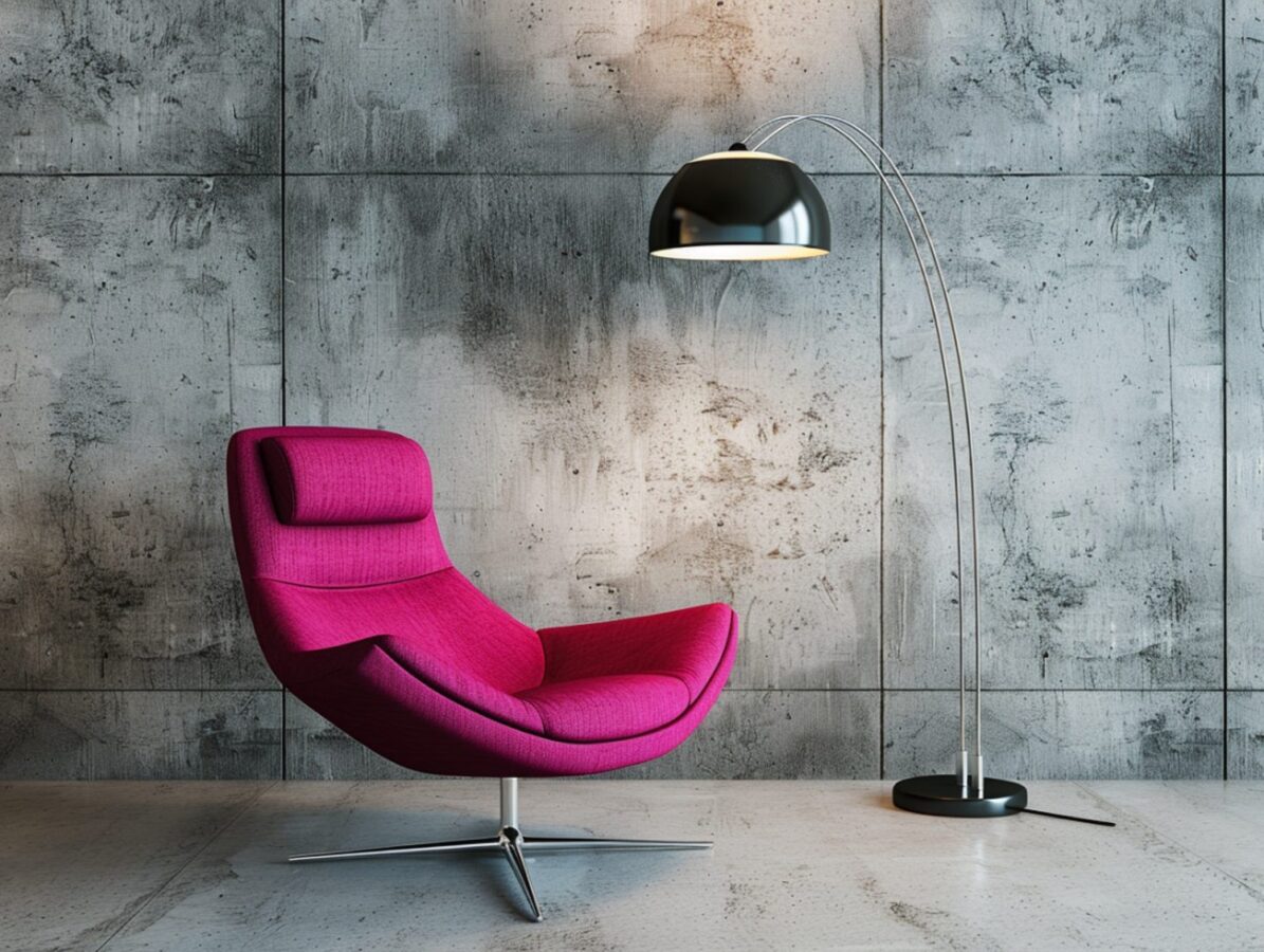 Fotel w intensywnym różu w industrialnym salonie z betonową ścianą