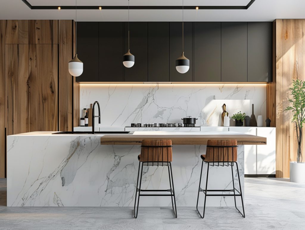 Kuchnia z wyspą i hokerami w stylu nowoczesnym z drewnianym blatem