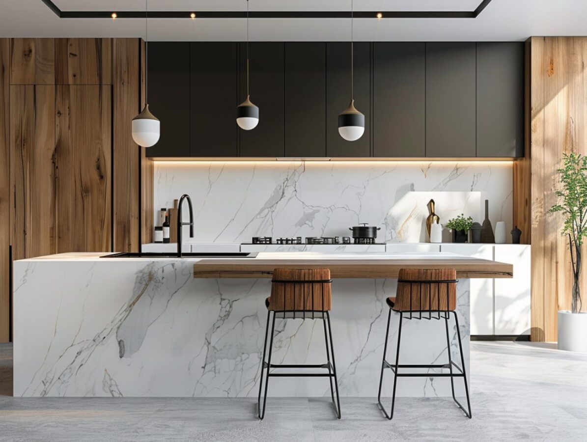Kuchnia z wyspą i hokerami w stylu nowoczesnym z drewnianym blatem