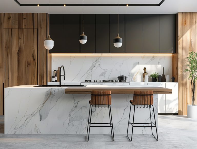 Kuchnia z wyspą i hokerami w stylu nowoczesnym z drewnianym blatem