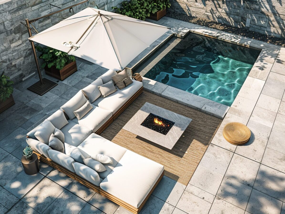 Taras z narożnikiem i kominkiem przy basenie w stylu resortowym