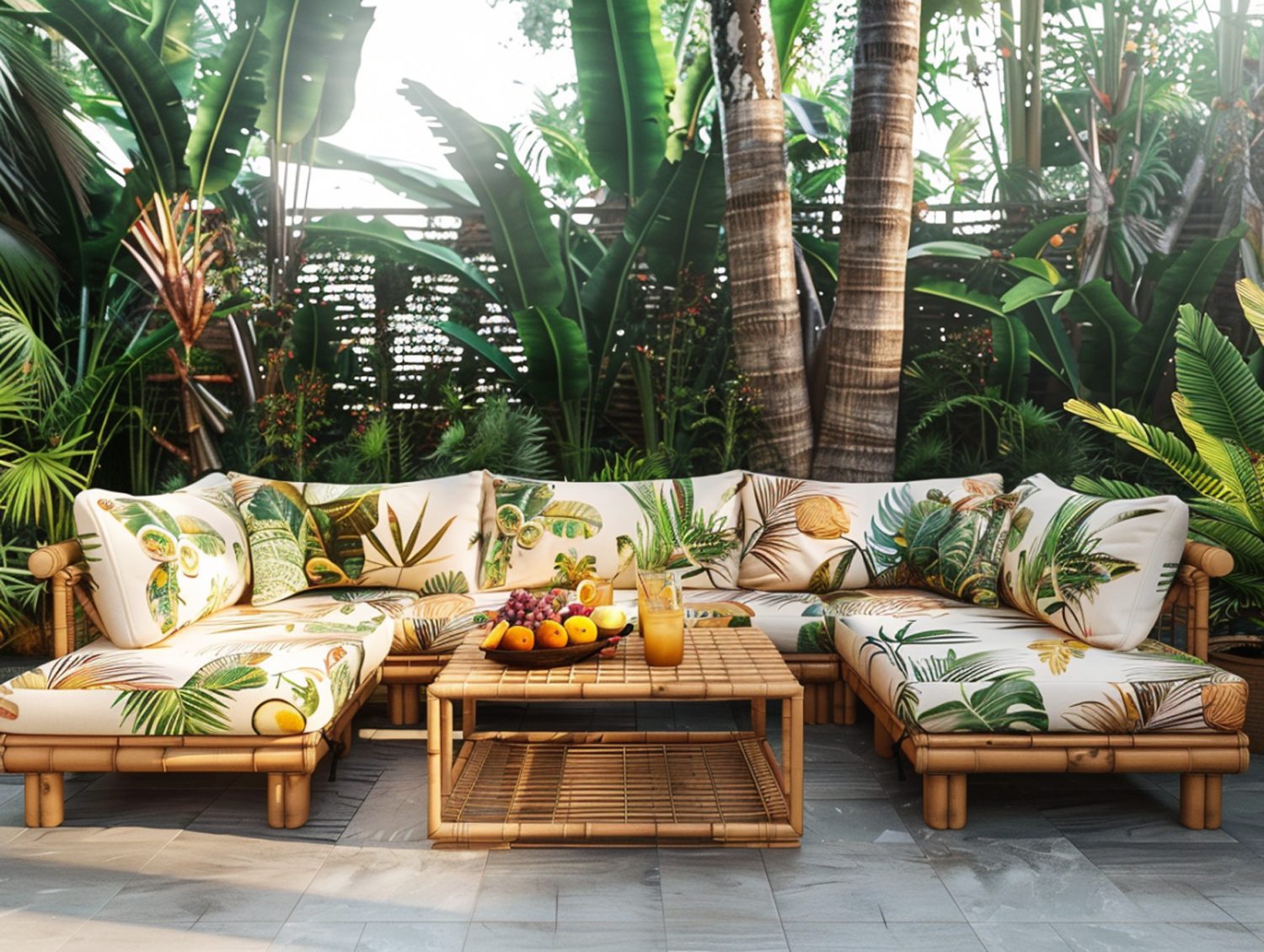 Sofa ogrodowa z kolorowymi poduszkami w egzotycznym stylu tropikalnym