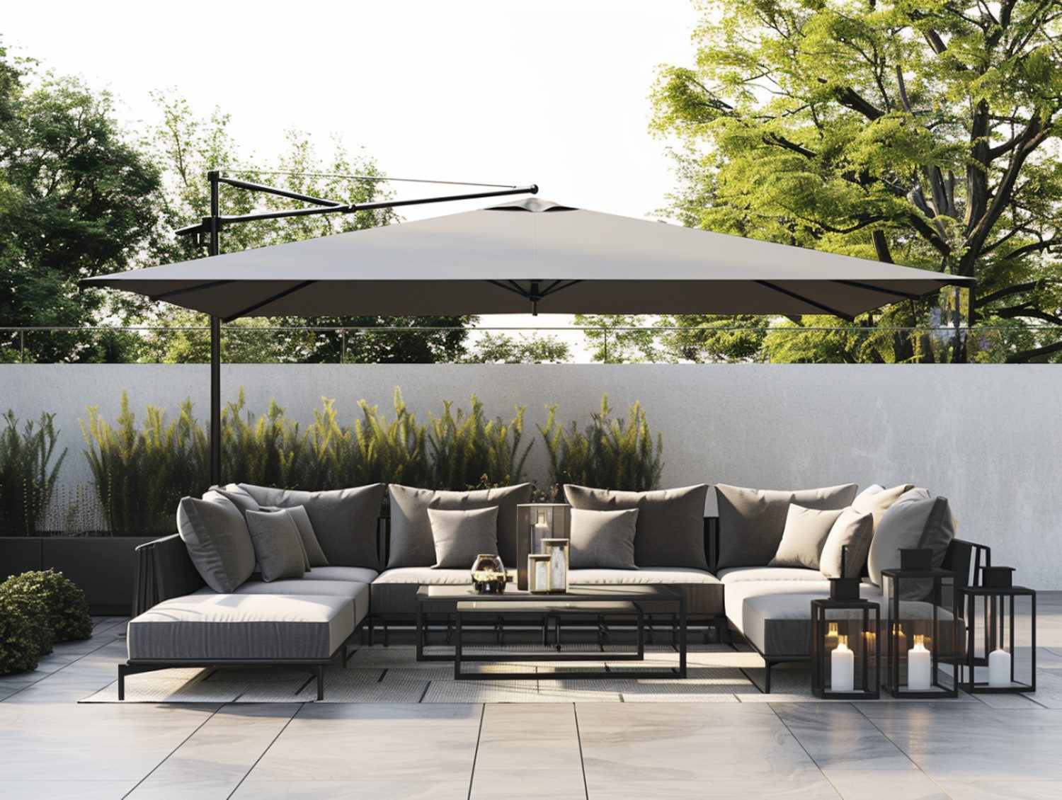 Ogrodowy zestaw wypoczynkowy z narożnikiem i daszkiem przeciwsłonecznym