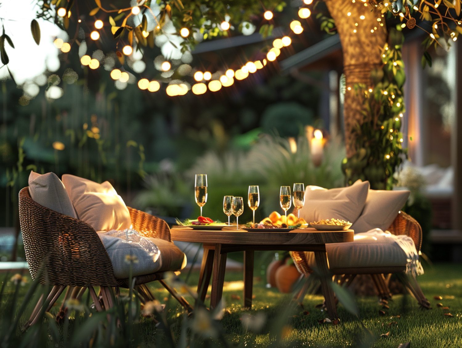 Drewniany stolik i krzesła ogrodowe pod girlandami świetlnymi