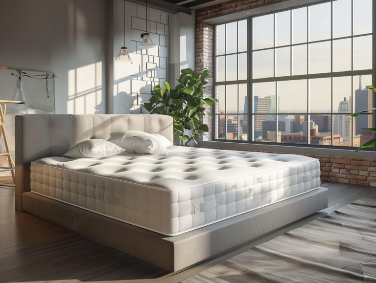 Łóżko tapicerowane w lofcie z dużym oknem i zielenią