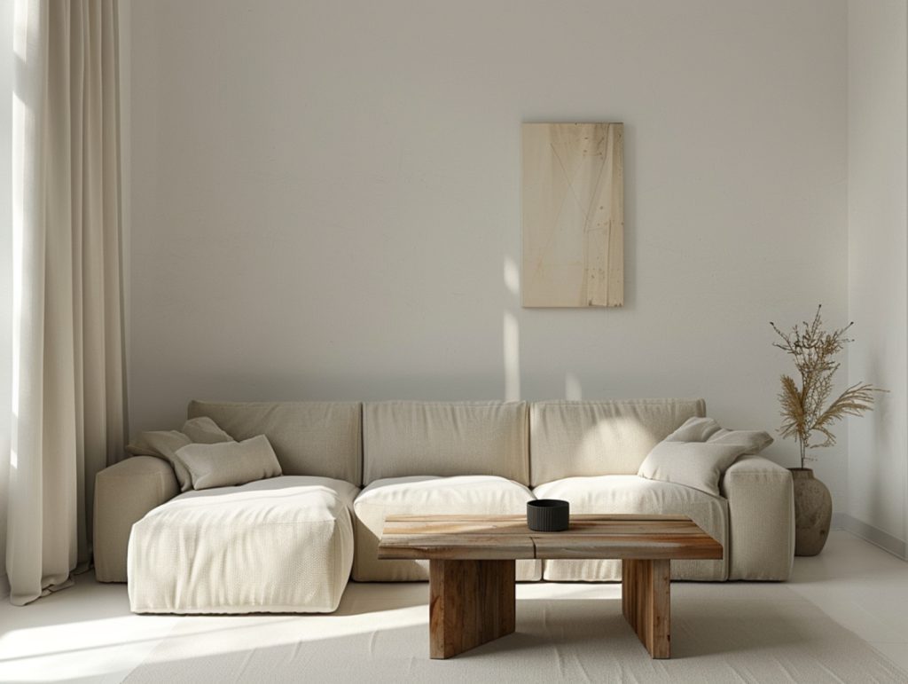 Sofa kremowa z drewnianym stolikiem w nowoczesnym salonie