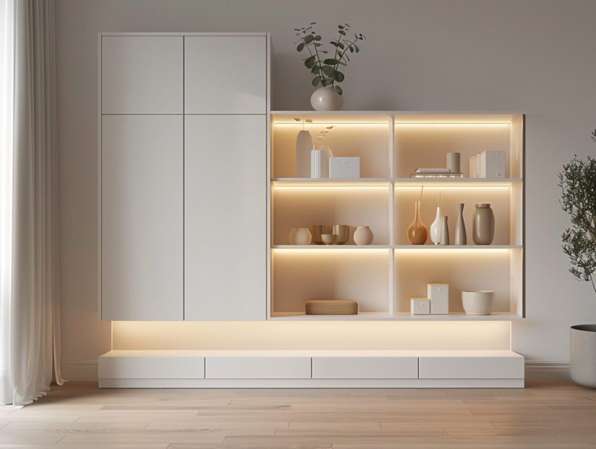 Minimalistyczna zabudowa meblowa z oświetleniem LED w salonie