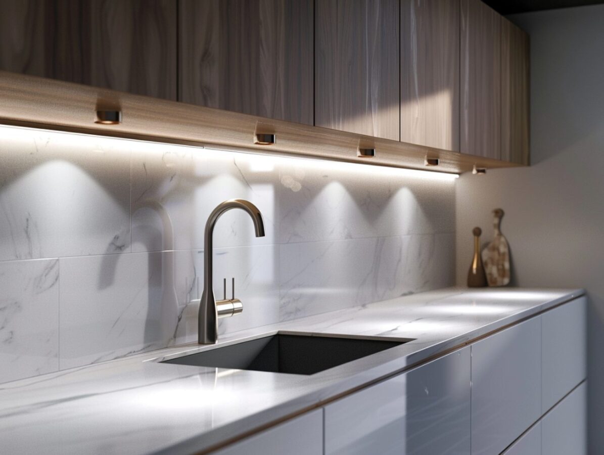 Kuchnia z białymi frontami i oświetleniem podszafkowym