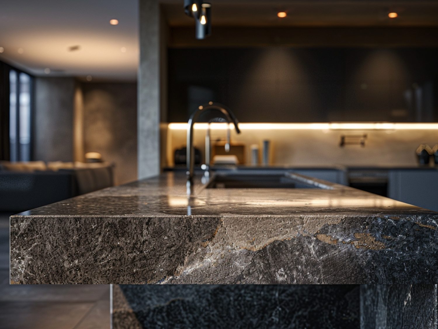 Ciemna kuchnia z granitową wyspą i podświetleniem