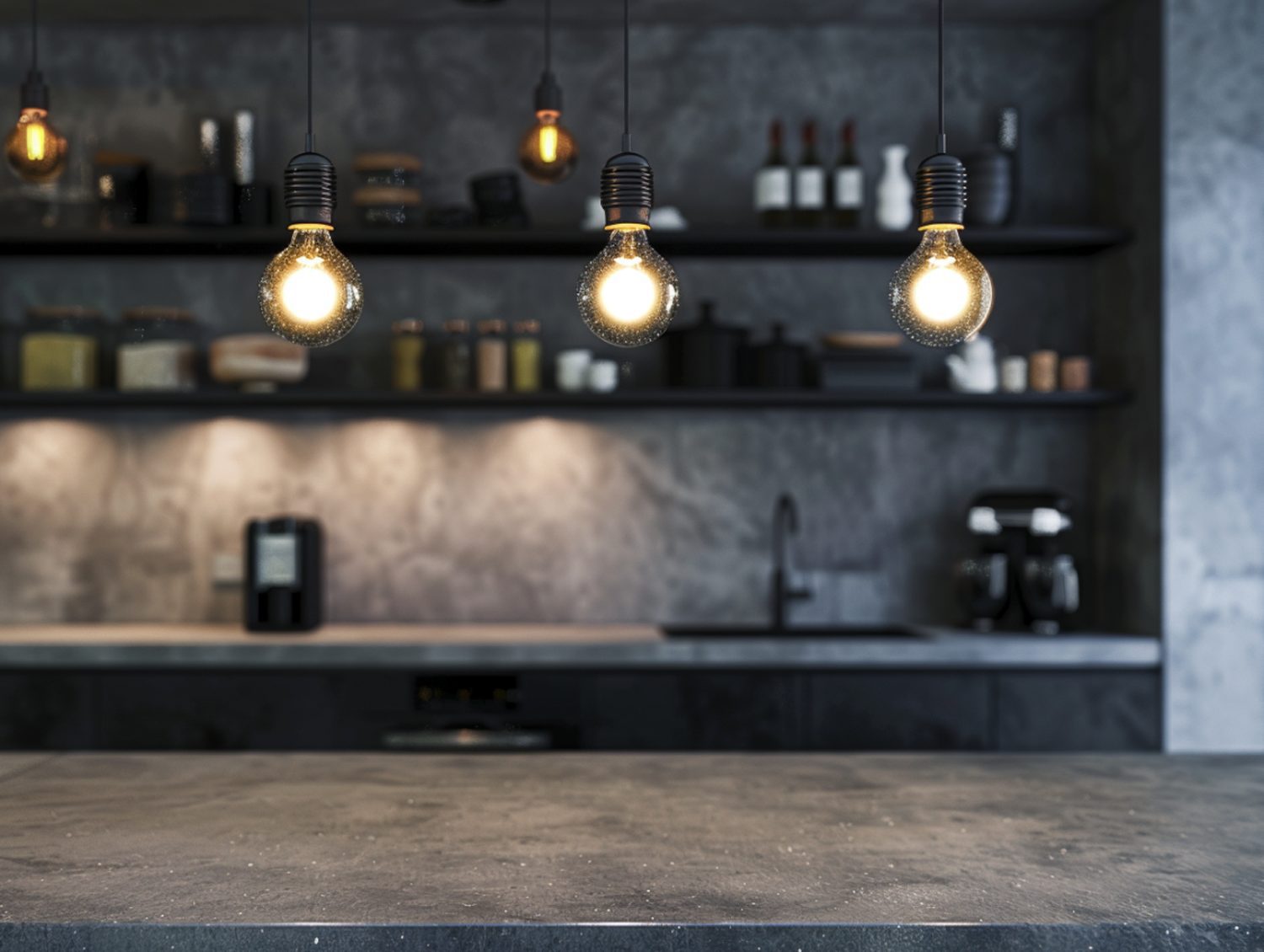 Betonowy blat i ciemne szafki w industrialnej kuchni z oświetleniem LED