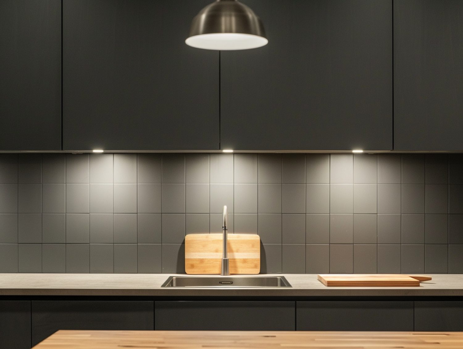 Nowoczesna kuchnia z ciemnymi frontami i wyspą z drewnianym blatem