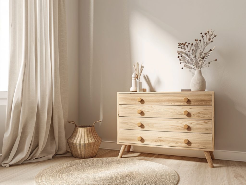 Komoda z litego drewna i wiklinowy kosz w skandynawskim wnętrzu