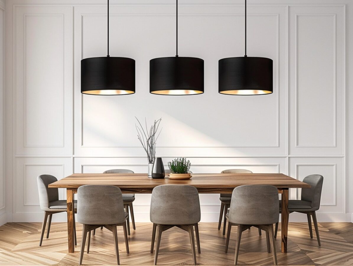 Stół drewniany i krzesła tapicerowane w eleganckiej jadalni glamour