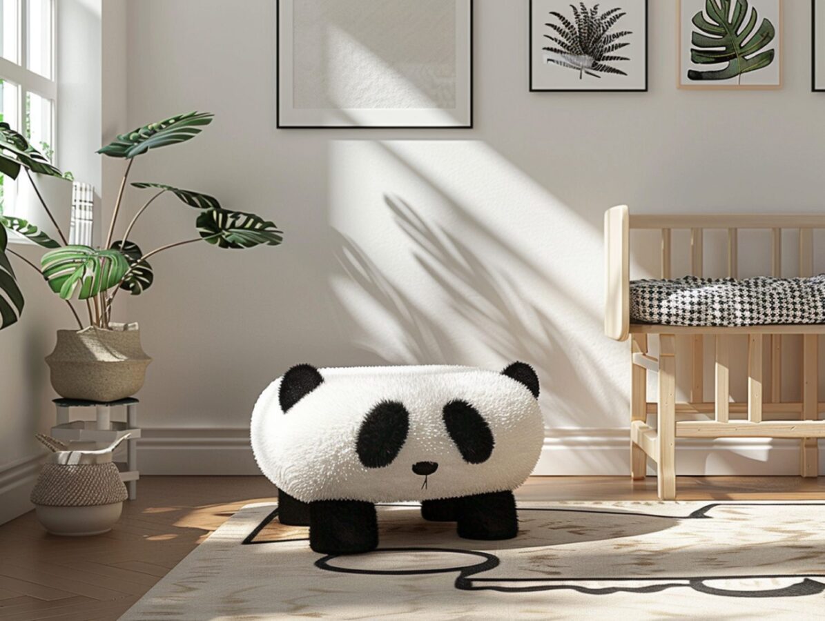 Tapicerowany puf panda w pokoju dziecięcym lub młodzieżowym