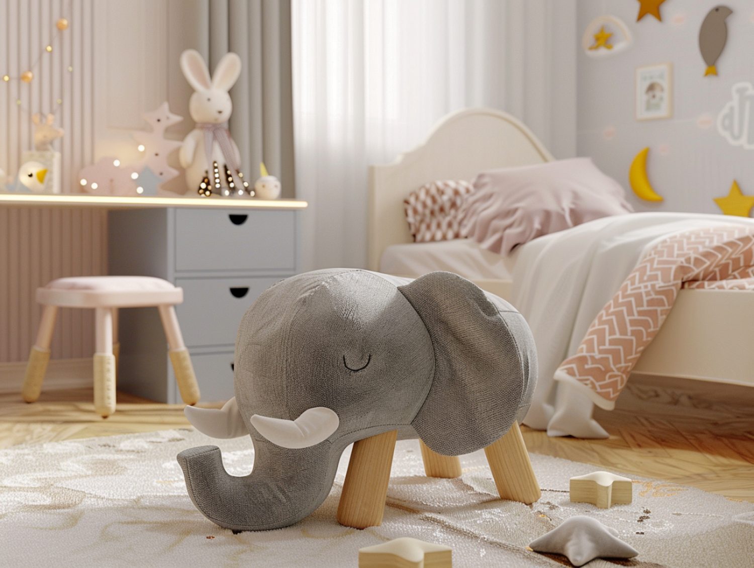 Szare łóżko dziecięce w kształcie słonia w stylu boho
