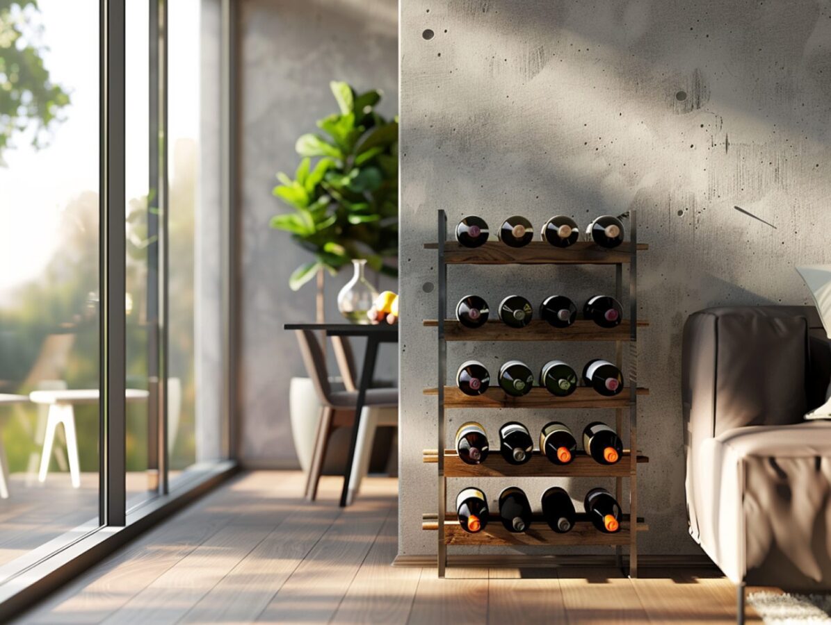 Designerski regał na wino z drewnianymi półkami w loftowym wnętrzu