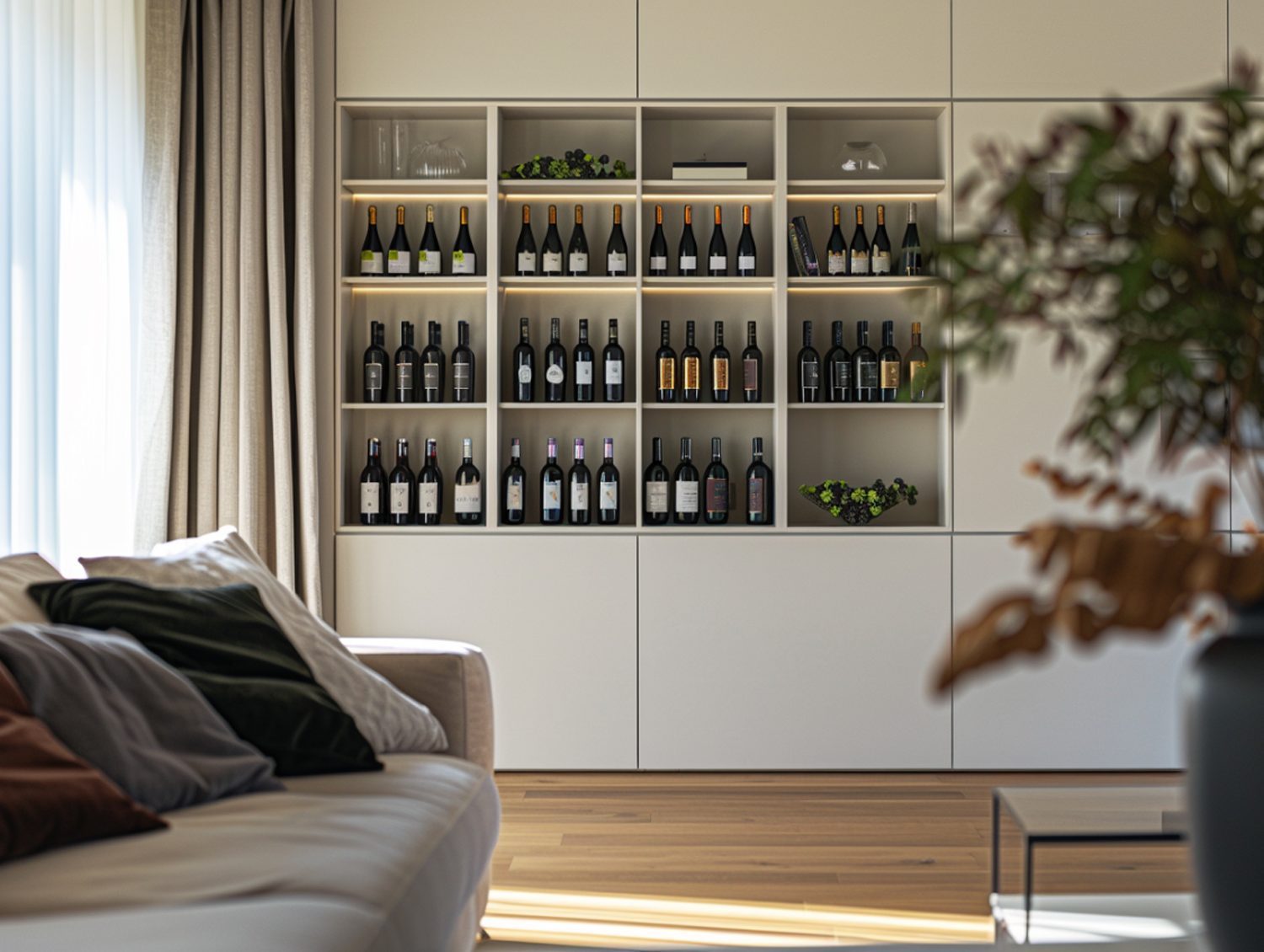 Nowoczesna zabudowa z winiarkami i półkami w stylu skandynawskim