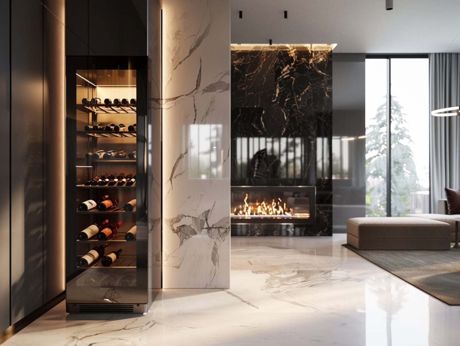 Winiarka w zabudowie w luksusowym salonie z marmurem